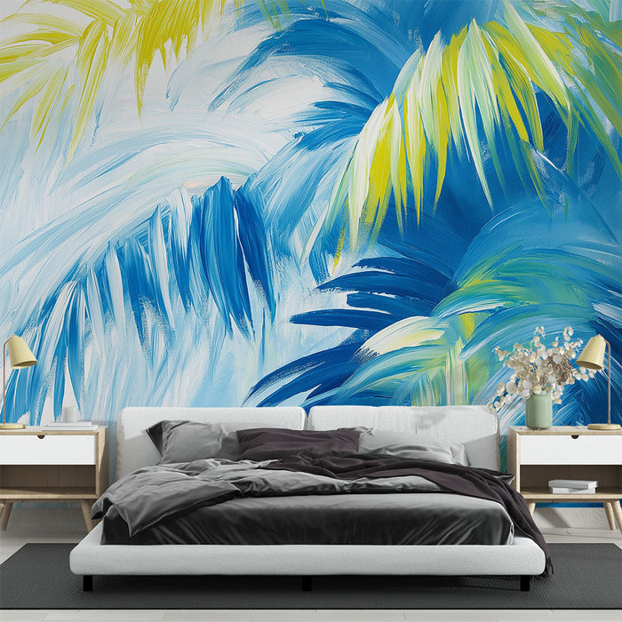 Mural Wallpaper blue foliage | Vibrant palms on light background