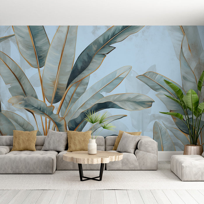 Mural Wallpaper foliage | Blue green and gold