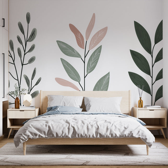 Mural Wallpaper foliage boho | Pastel and white background