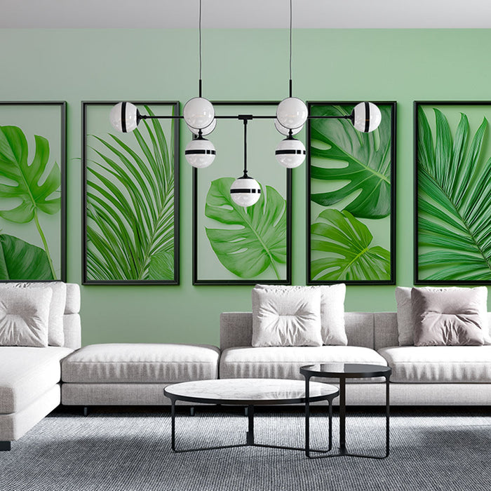 Tapete blätter | Fünf elegante grüne Blätter in minimalistischen Rahmen