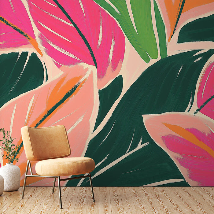 Mural Wallpaper colorful foliage | Stiliseeritud roosad ja rohelised lehed