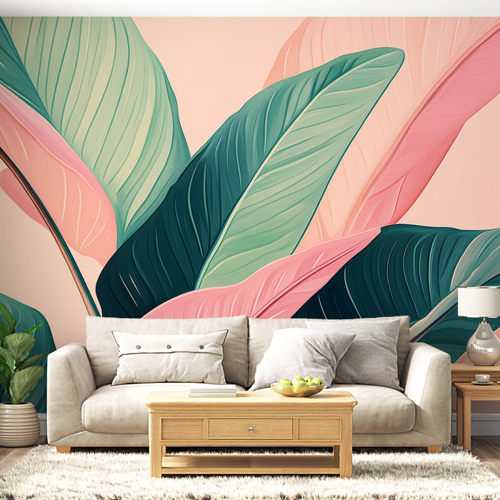 Mural Wallpaper colored foliage | Pink and green leaves on a soft background