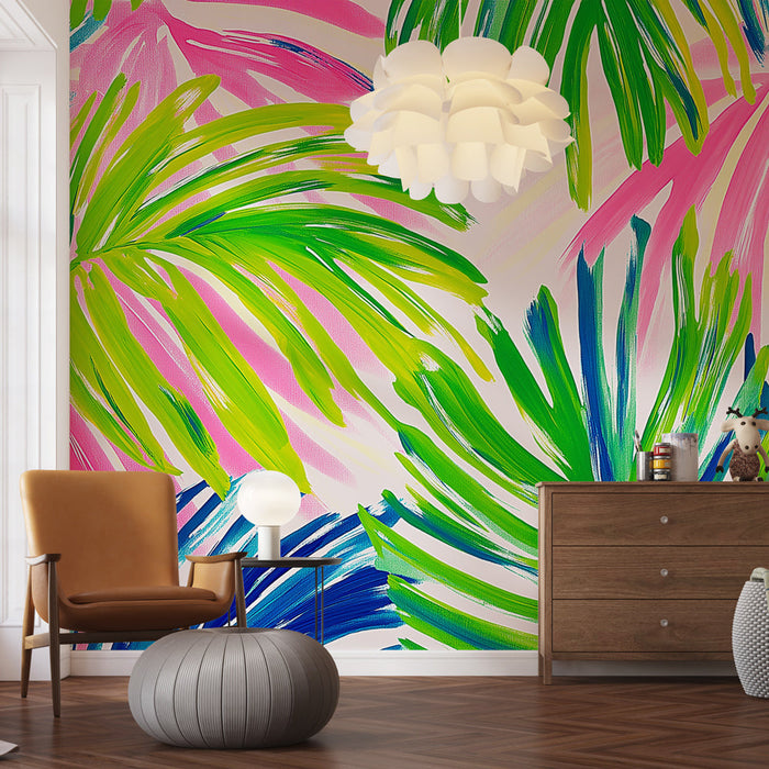 Mural Wallpaper colorful foliage | Vibrant tropical leaves and pastel background