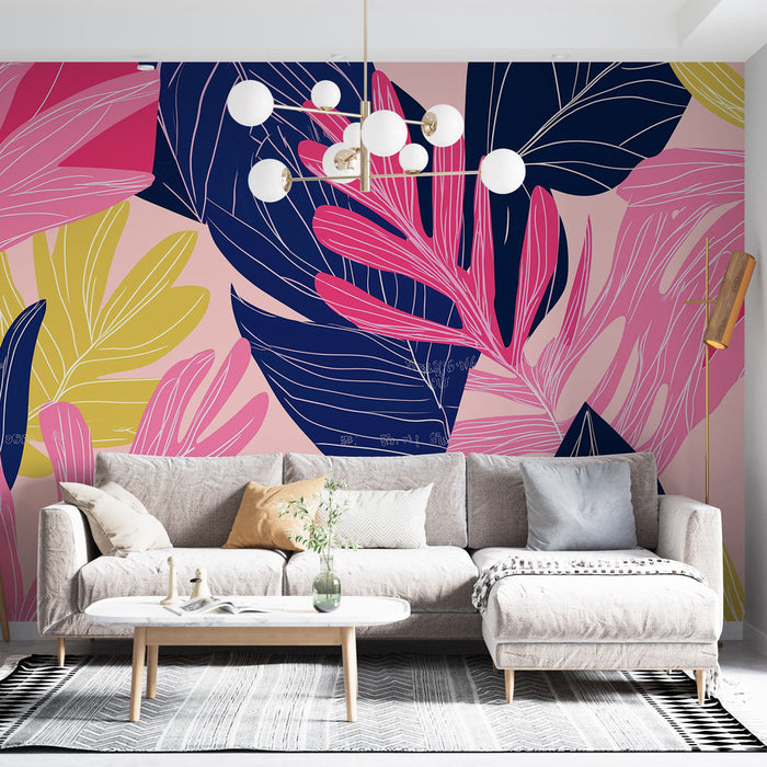 Mural Wallpaper farget løvverk | Store rosa og blå blader på pastellbakgrunn