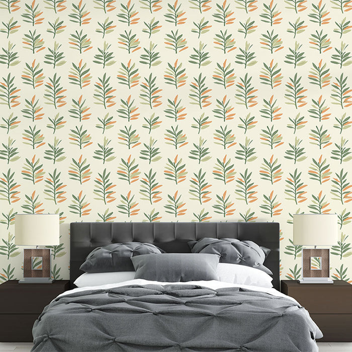 Mural Wallpaper colorful foliage | Delicate leaf pattern in green and orange tones