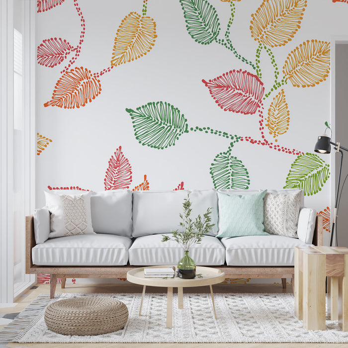 Mural Wallpaper colorful foliage | Pattern of stylized leaves on white background