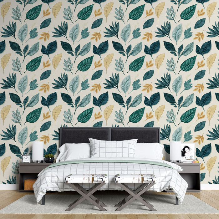 Mural Wallpaper colorful foliage | Elegant pattern of green, blue, and gold leaves on a light background