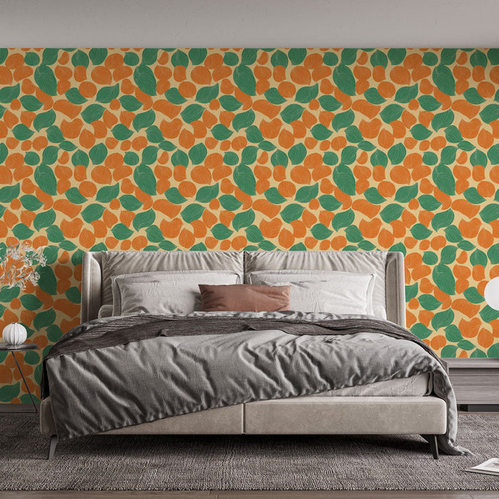 Mural Wallpaper colorful foliage | Leaf patterns in orange and green on a light background