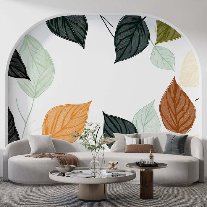 Värvikas lehestikuga seinakate | Stiliseeritud lehemustrid valgel taustal