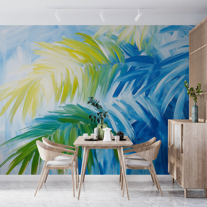 Mural Wallpaper colorful foliage | Green and yellow palms on blue background