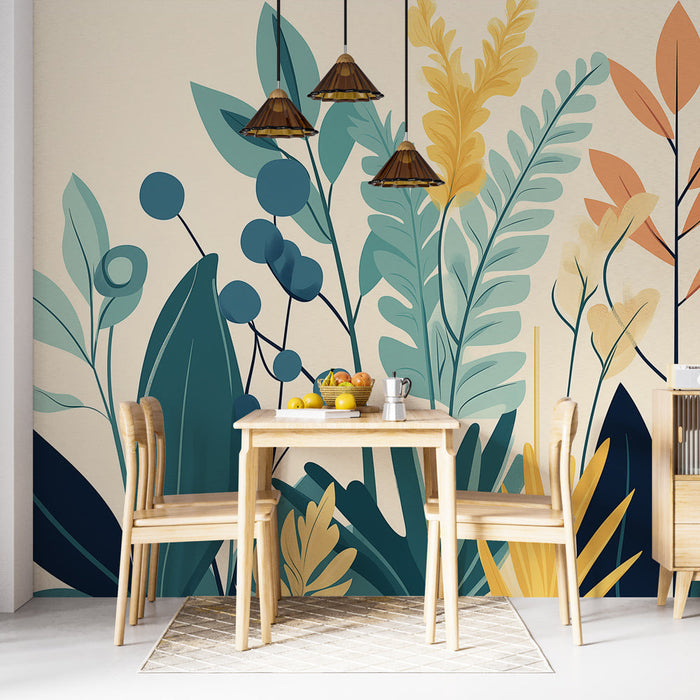 Colorful foliage mural wallpaper | Various plants and organic touches