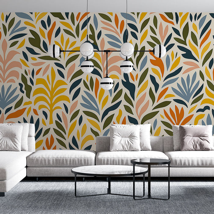 Tapetti värikäs lehtikuvio | Eläväinen lehtikuvio lämpimissä ja viileissä sävyissä