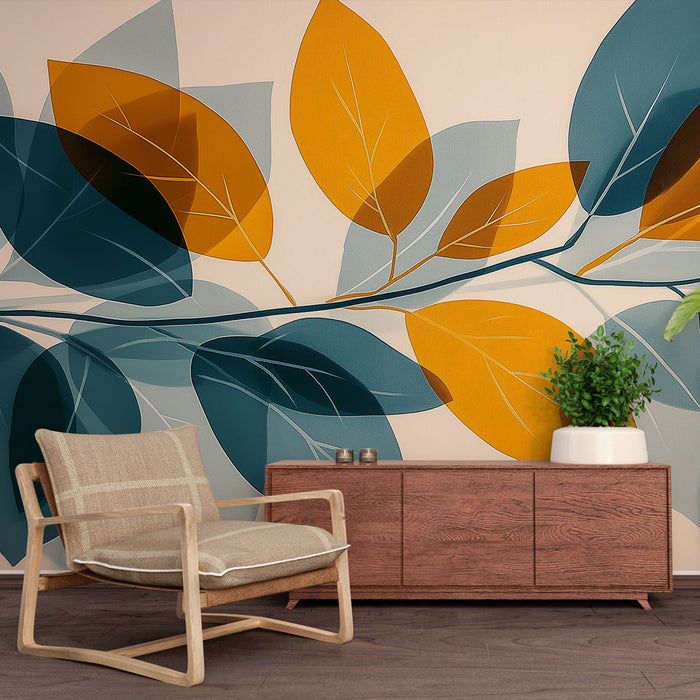 Mural Wallpaper fargerikt løvverk | Grønn og gul på beige bakgrunn