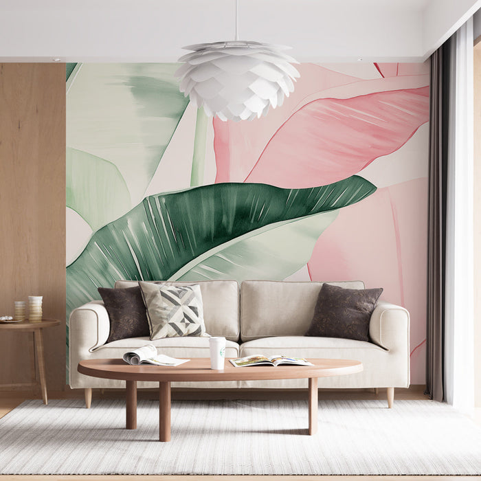 Mural Wallpaper contrasted foliage | Delicate green and pink leaves