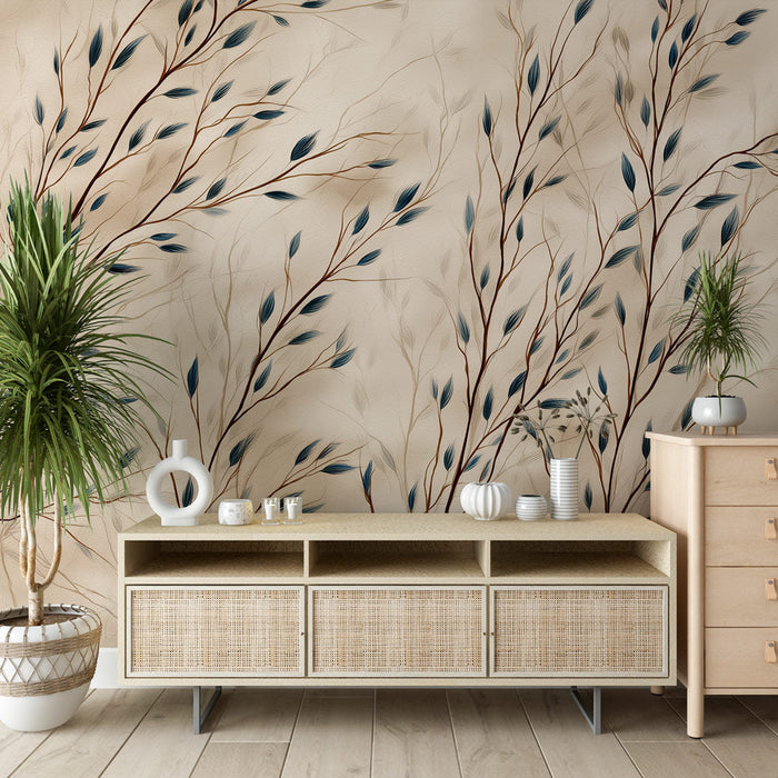 Tapeta jemného listí | Jemná větvička s modro-zelenými listy na krémovém pozadí