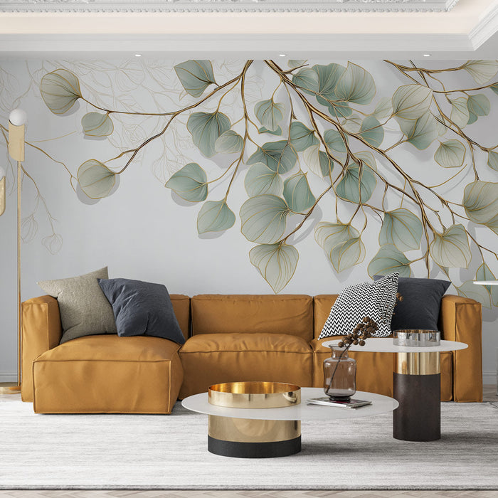 Tapeta delikatne liście | Eleganckie gałęzie z zielonymi i złotymi liśćmi