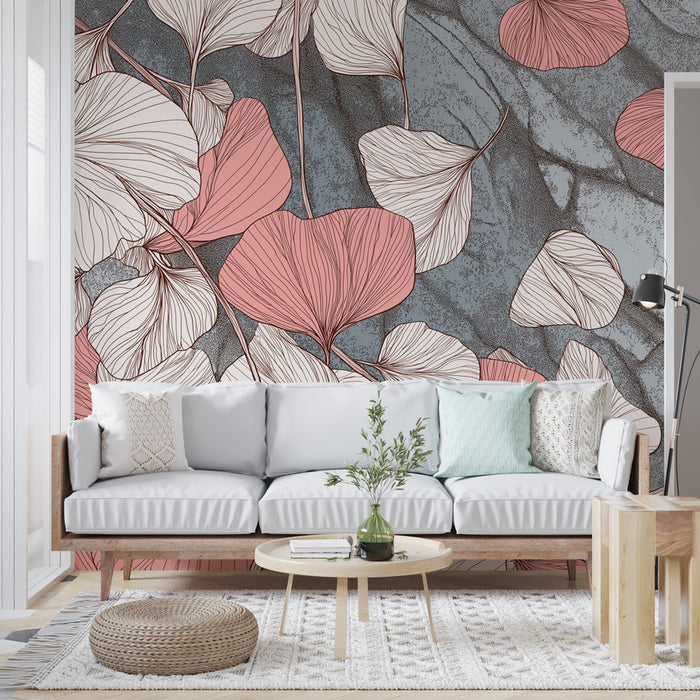 Fototapet delikat løvverk | Ginkgo-blader i nyanser av rosa på en teksturert grå bakgrunn