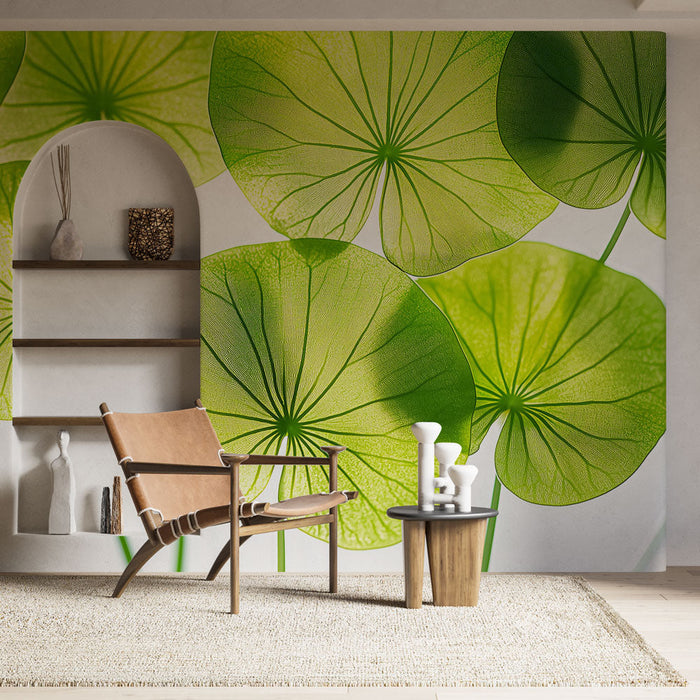 Mural Wallpaper delicate foliage | Translucent green leaves on white background