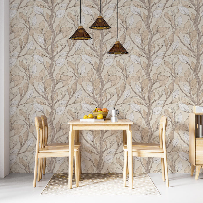 Tapeta delikatne liście | Beżowy i biały wzór liści na delikatnym tle