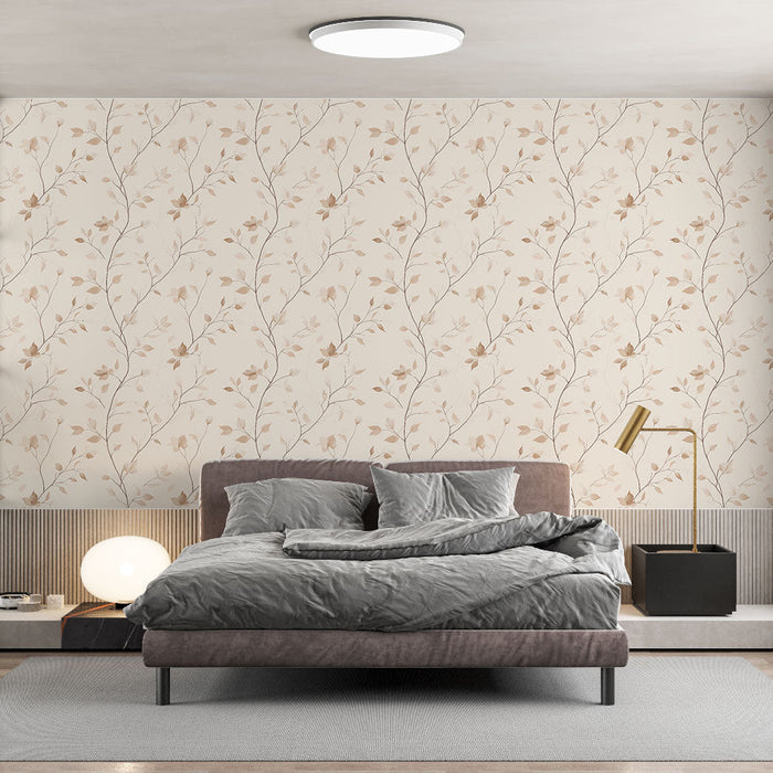 Mural Wallpaper delicate foliage | Beige leaf pattern and thin stems on a light background