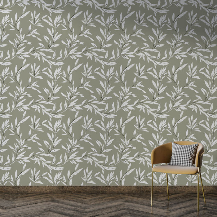 Tapet mural frunze delicate | Model cu frunze albe pe un fundal verde deschis