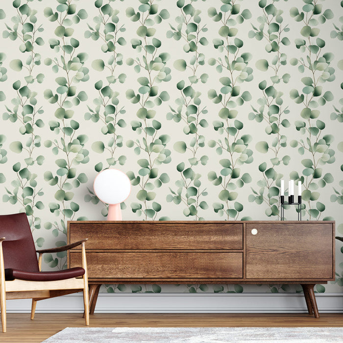 Ταπετσαρία τοιχογραφίας λεπτό φύλλωμα | Μοτίβο παστέλ πράσινων φύλλων σε ανοιχτό φόντο