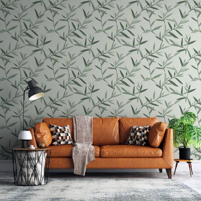 Tapete με λεπτά φύλλα | Πράσινο μοτίβο φύλλων σε ανοιχτό φόντο