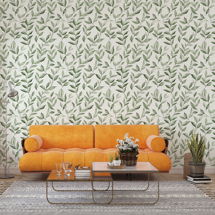 Ευαίσθητο φύλλωμα τοιχογραφίας | Μοτίβο πράσινων φύλλων σε ανοιχτό φόντο
