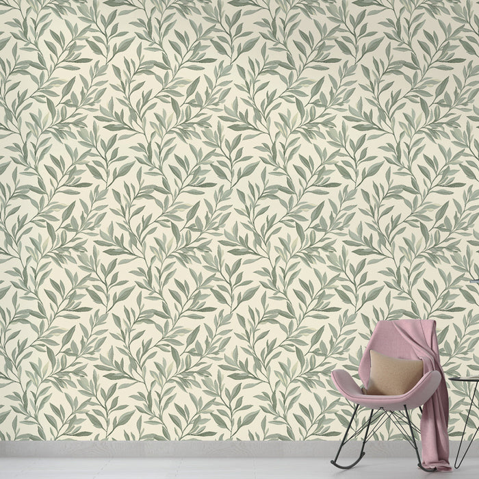 Tapet delicat cu frunziș | Model de frunze verzi pe un fundal crem