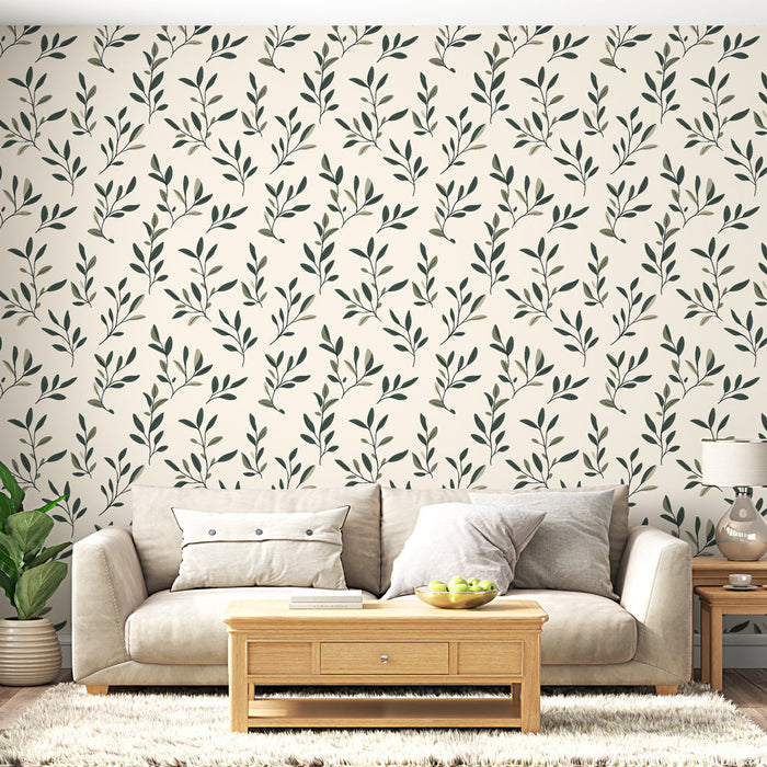 Fototapeet õrn lehestik | Väikeste lehtede mustriga haru kreemilisel taustal