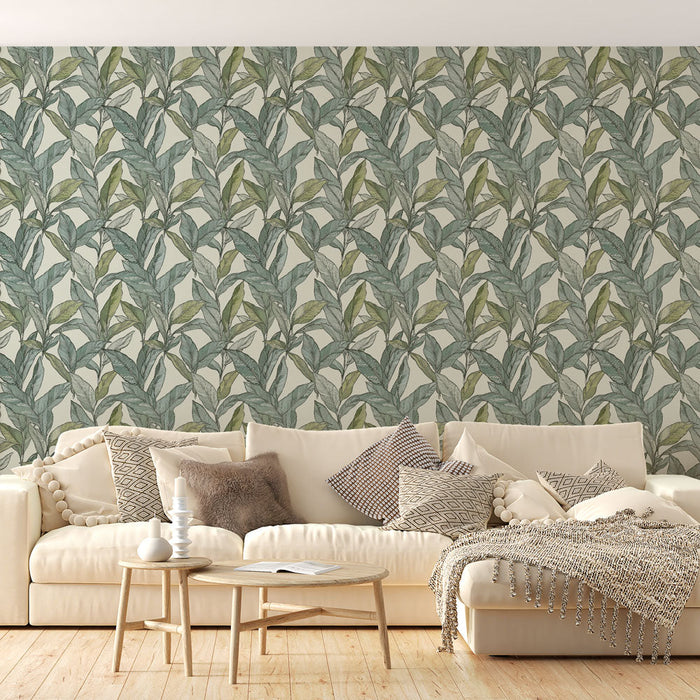 Fototapeet õrnade lehtedega | Roheliste ja siniste lehtede peen mustriline muster heledal taustal