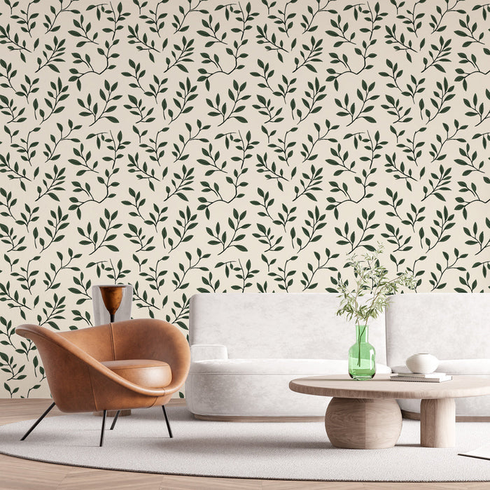 Tapeta jemného listí | Vzory větví s zelenými listy na světlém pozadí