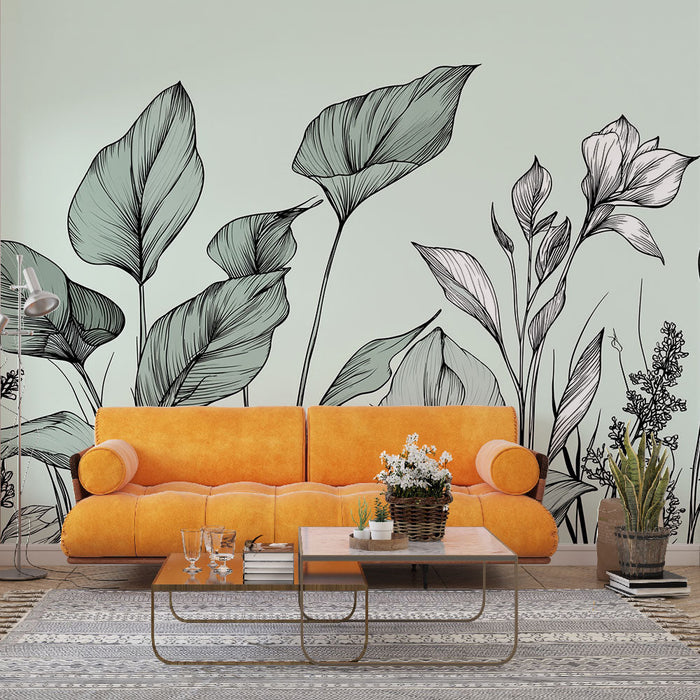 Tapeta delikatne liście | Kwiatowe wzory na pastelowym tle