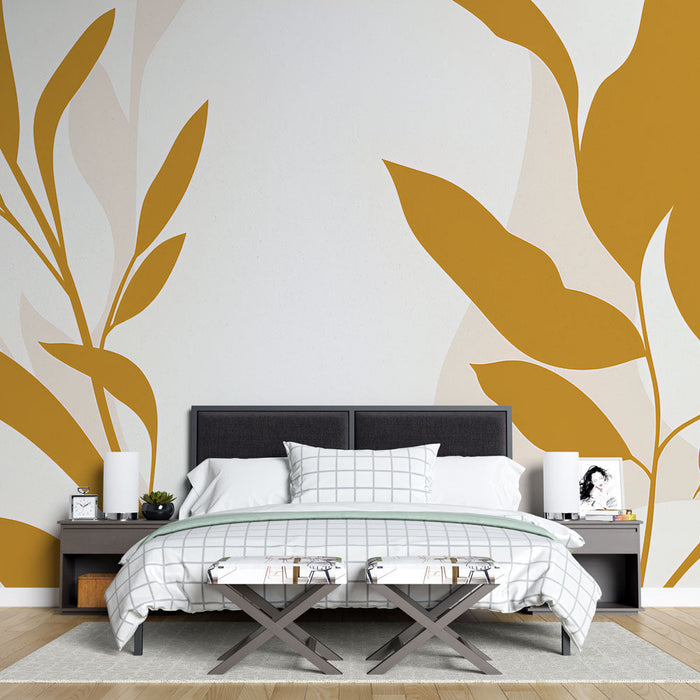 Tapetti kultaisilla lehdillä | Elegantit kultaiset lehtien siluetit vaalealla taustalla