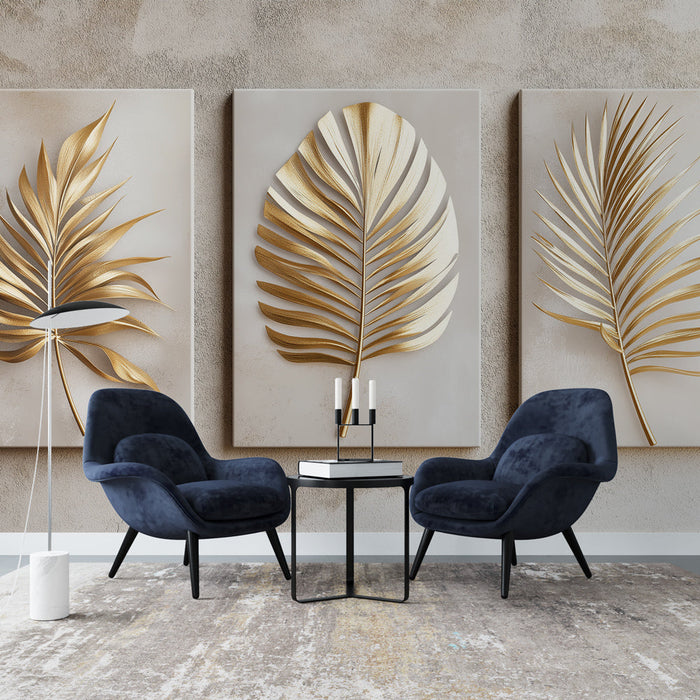 Tapetti kultaisilla lehdillä | Elegantit lehtikuviot reliefissä neutraalilla taustalla