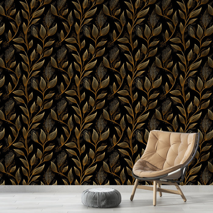 Fototapet zlato listje | Cvetlični elementi v reliefu na črnem ozadju