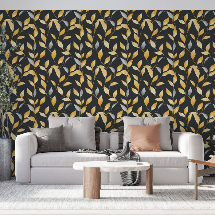 Tapeta s listovím zlata a stříbra | Vzory listů na černém pozadí