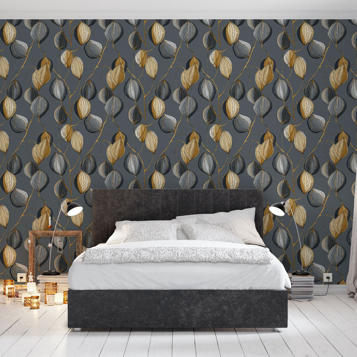 Papel pintado dorado y gris | Patrón delicado de hojas estilizadas sobre un fondo gris