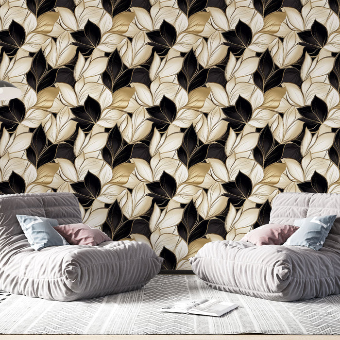 Mural Wallpaper golden and black foliage | Elegant pattern of gold and black leaves on a dark background