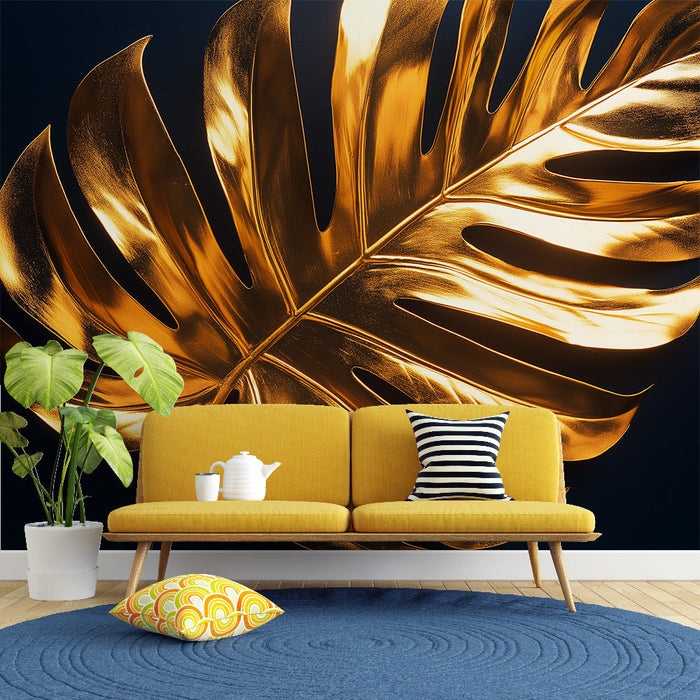 Mural Wallpaper golden foliage | Bright and elegant monstera leaf