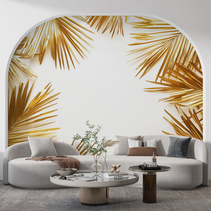 Golden foliage Mural Wallpaper | Shiny leaves and white background