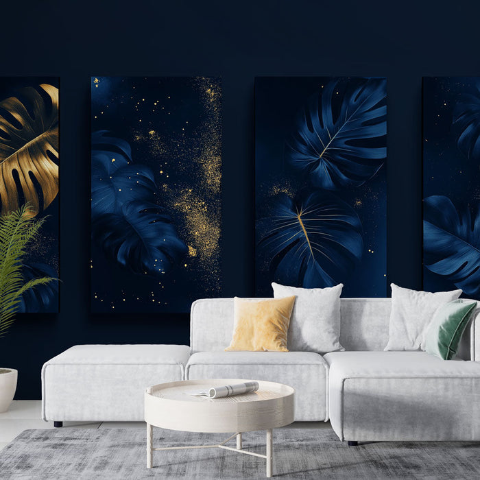 Foto Behang gouden bladeren | Elegante monstera bladeren op een middernachtblauwe achtergrond