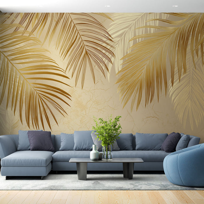 Tapete με χρυσά φύλλα | Κομψά φύλλα φοινικόδεντρου σε υφή φόντου