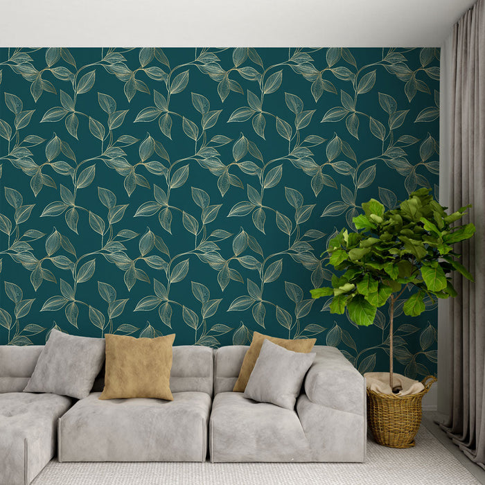 Mural Wallpaper golden foliage | Delicate leaves on a deep blue background