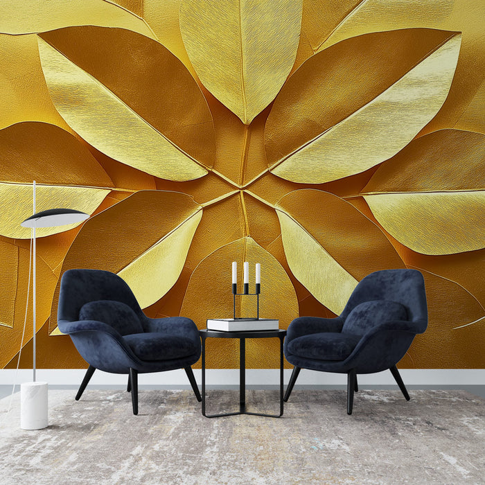 Golden Foliage Mural Wallpaper | Golden Leaves on Bright Background