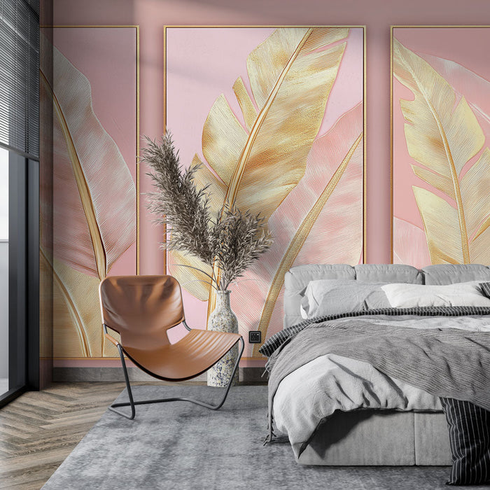 Tapete златни листа | Златни листа върху нежен розов фон