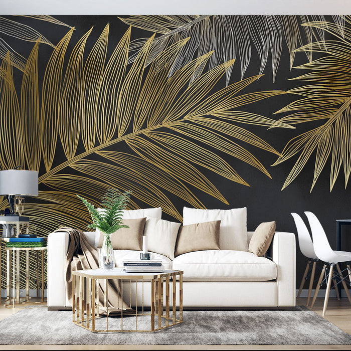 Tapeta z zlatim listjem | Eleganten list z črnim ozadjem