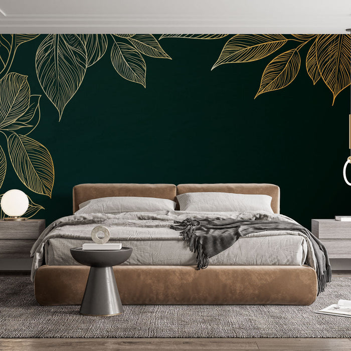 Tapetti kultaiset lehdet | Elegantit lehdet syvän vihreällä taustalla