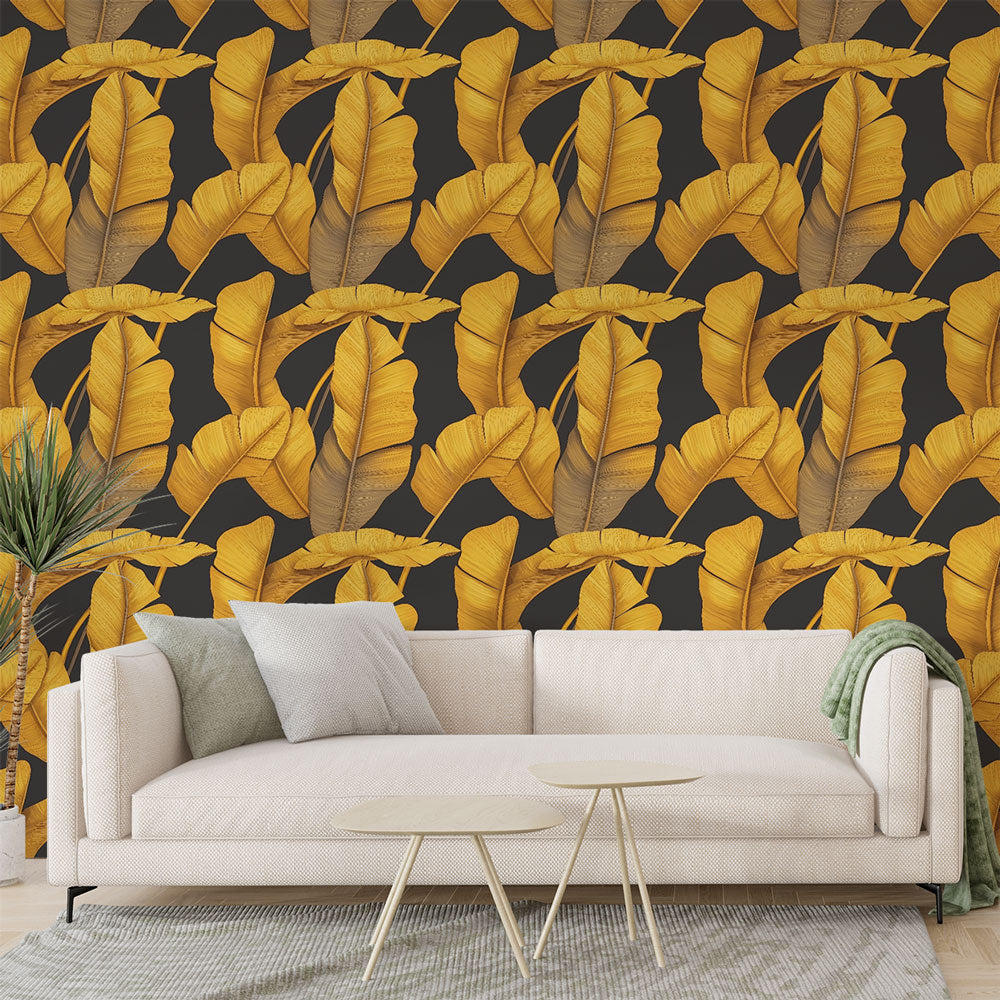 Papel de parede folhagem dourada | Folhas douradas em fundo escuro —  WonderMural, image size:1000x1000