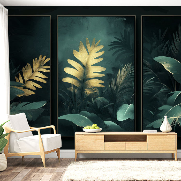 Tapet cu frunziș auriu | Frunze luxuriante pe un fundal închis